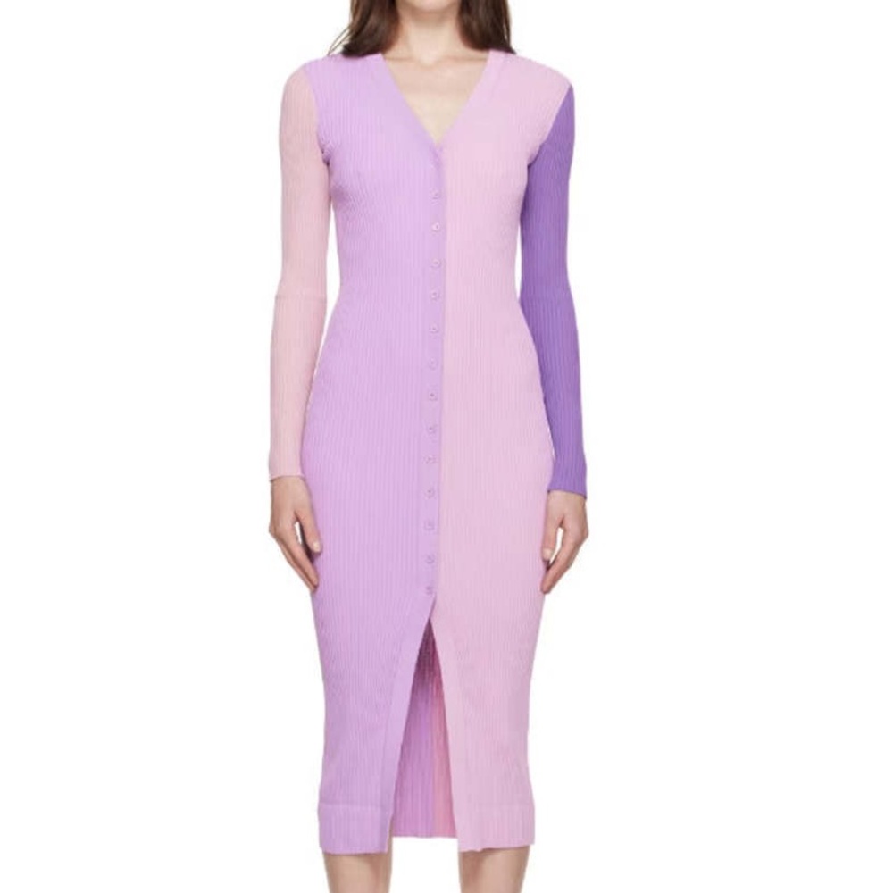 STAUD SHOKO RIBBED KNIT COLOR BLOCK SWEATER DRESS 
MULTI LAVENDER